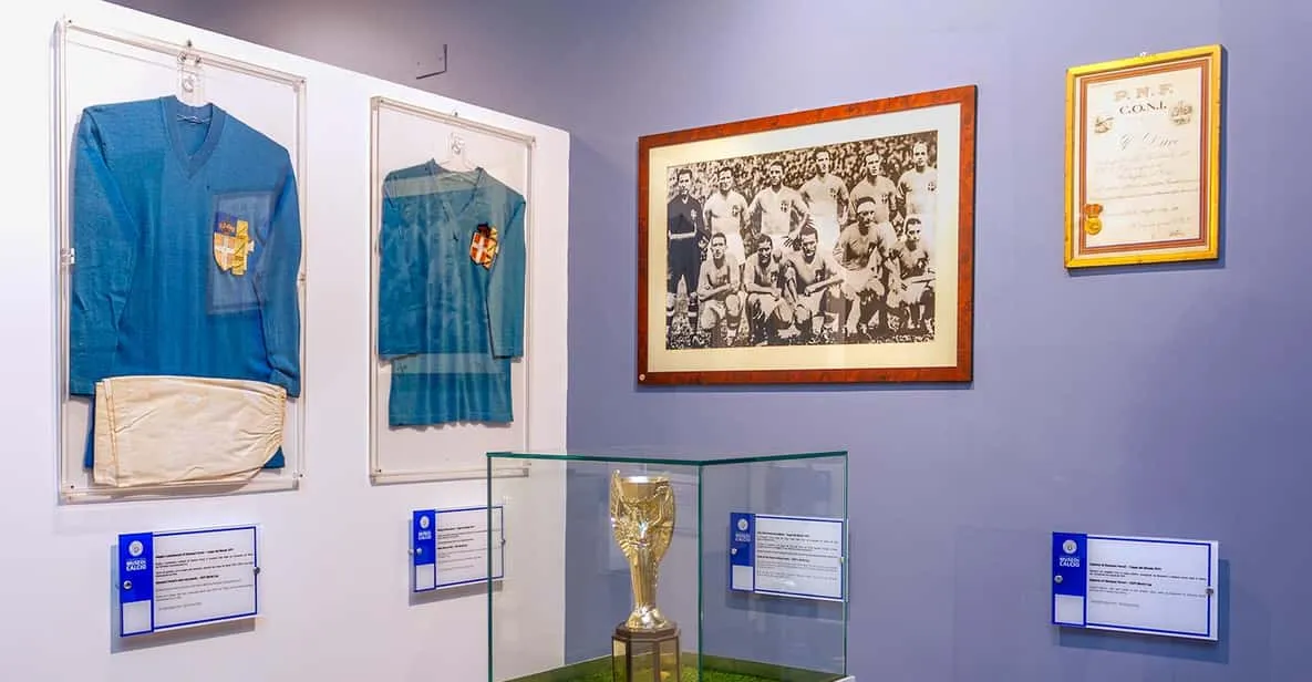 Azzurri shirts and World Cup memorabilia at the Italian Football Museum in Florence, Italy