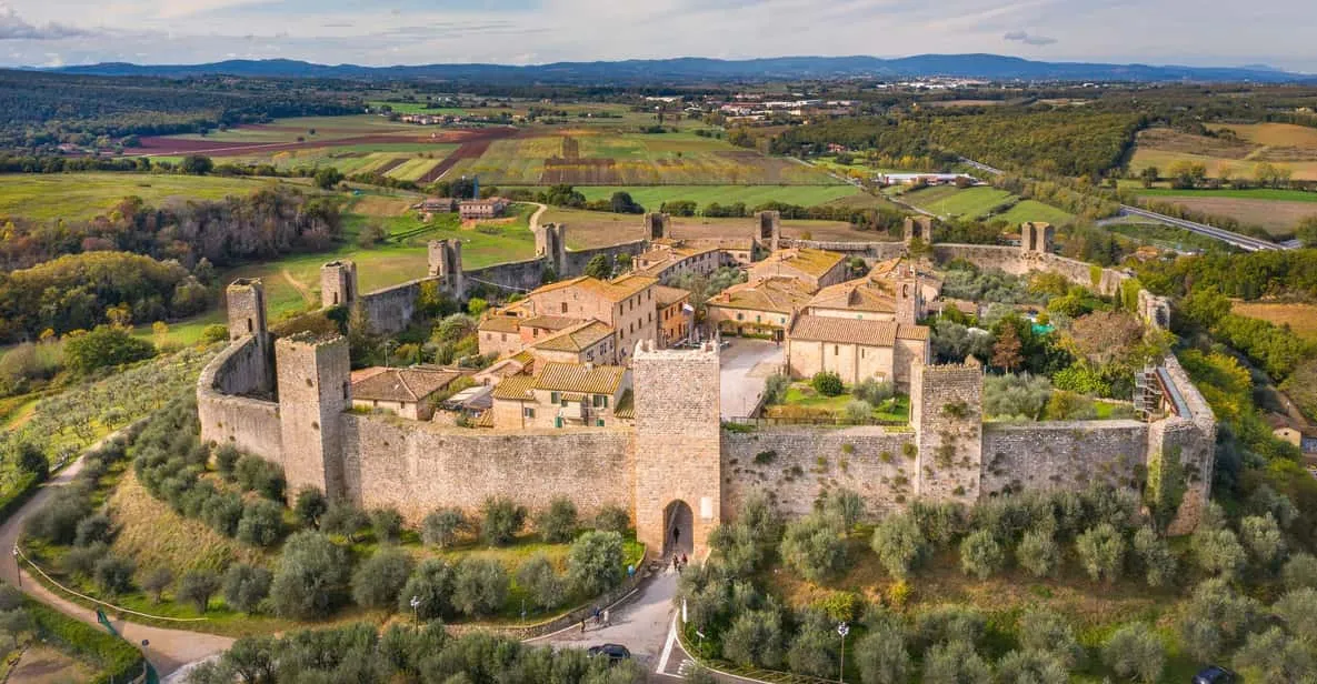 Walled hilltop town of Monteriggioni in the Val d'Orcia, a day trip from the museums in Florence, Italy